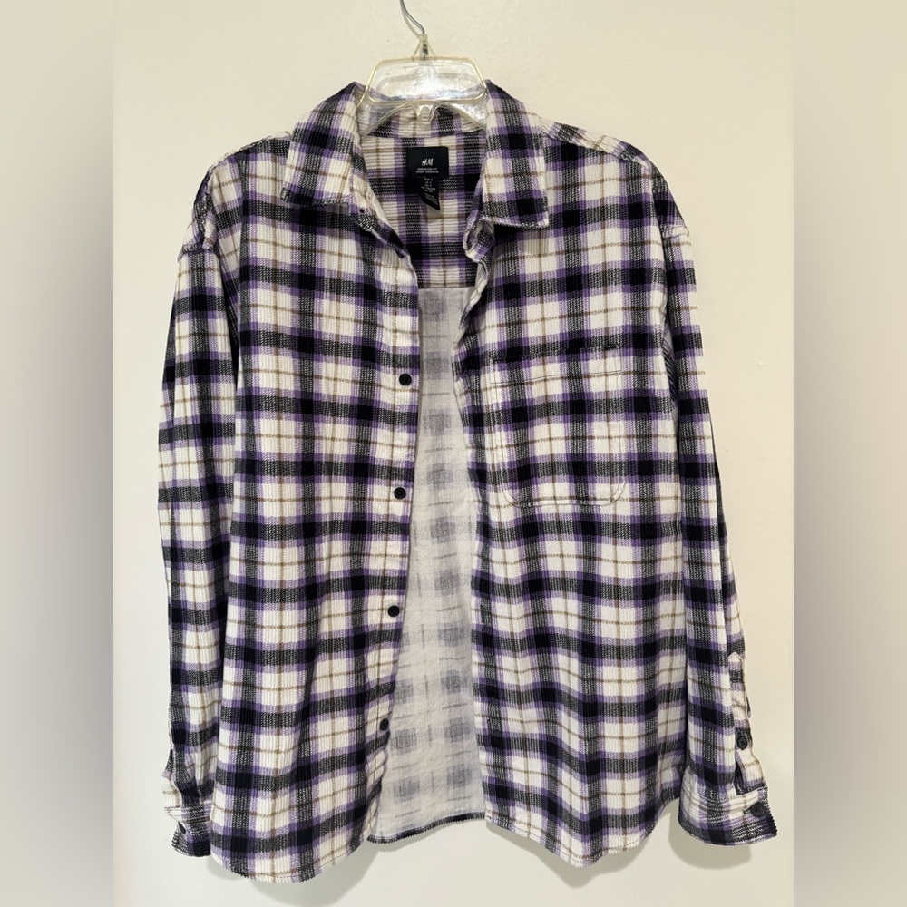 H&M Lavender, Black & Cream Plaid Oversized Button-Up